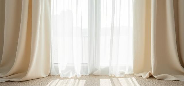 Luksuriøse, naturlige gardiner i et lyst rom med mykt lys.